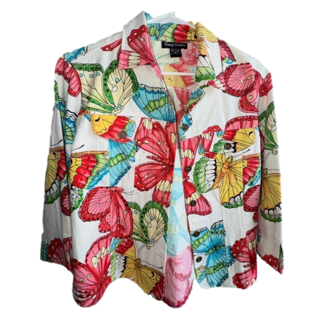 Gaudy Couture Butterfly | Beige Denim | Jacket | Buttons | Size Medium